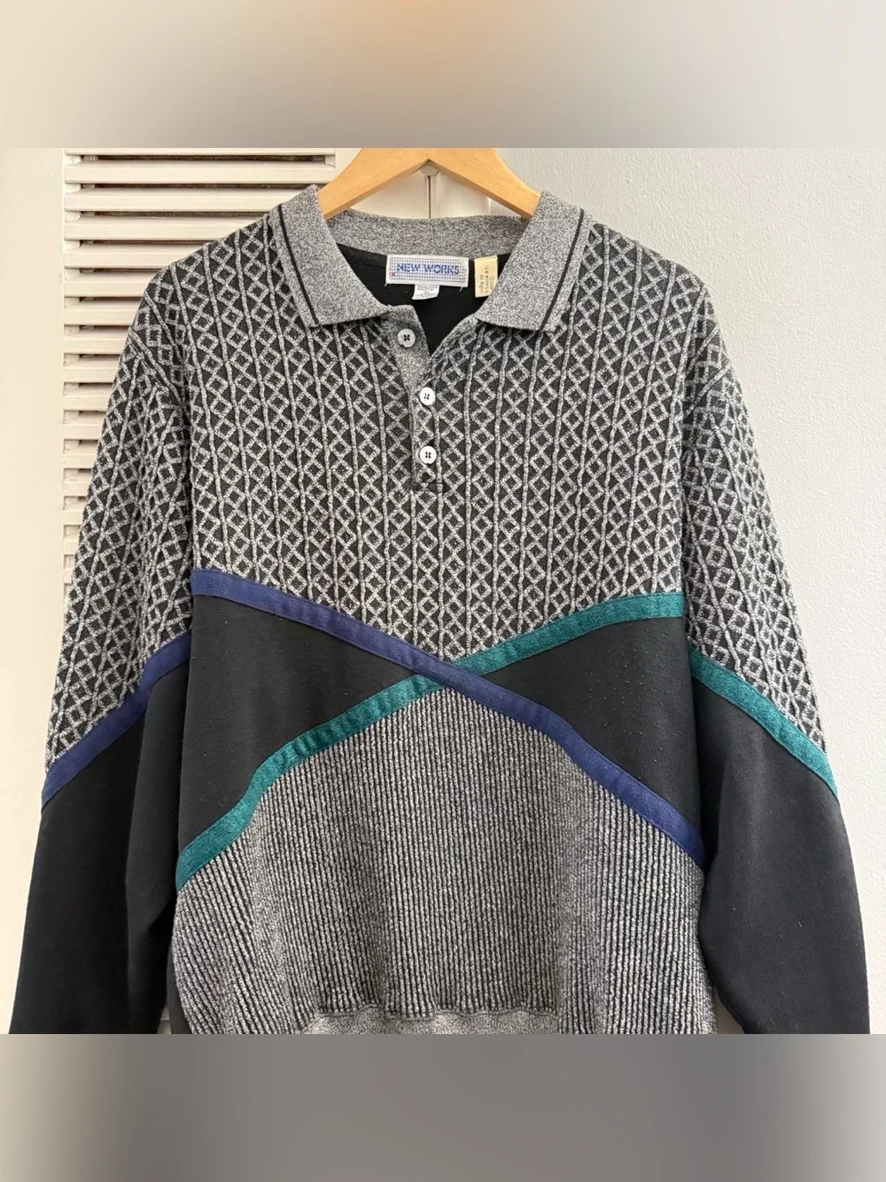 Vintage 90’s NEW WORKS Button-Up Knit Sweater Black / Grey Sz Large